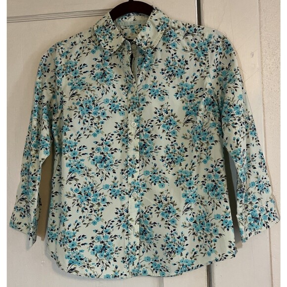 Crazy Horse Blouse Liz Claiborne Women’s S Blue Green Floral Button Up Top 3/4 - Picture 1 of 8